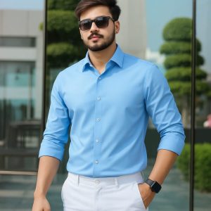 Sky Blue Color — Spandex Glossy Fabrics Shirt